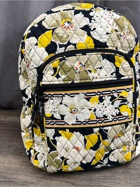 Vera Bradley Floral Quilted Backpack Yellow Black Travel School Bag
